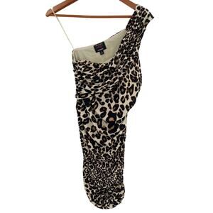 One shoulder leopard animal print bodycon mini dress size 4 black brown